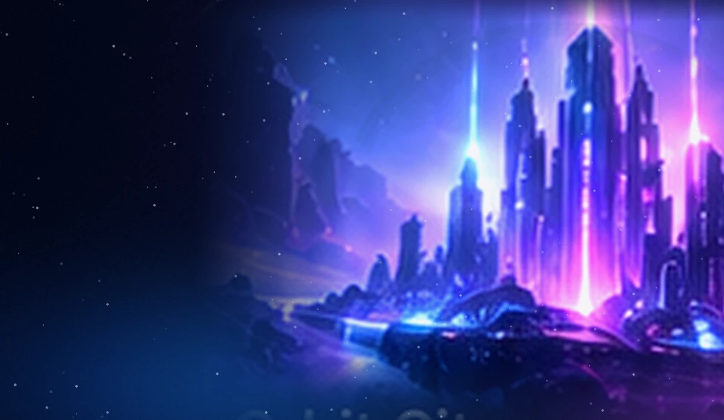 Metropolă futuristă luminată cu albastru și violet, în stilul aplicației SYNTH v7